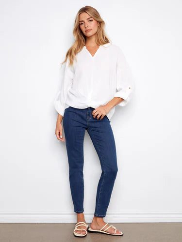 Bubble Cotton Blouse With Front Twist - White