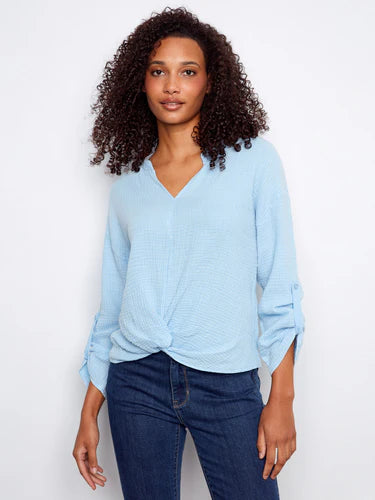 Bubble Cotton Blouse with Front Twist Bluebell