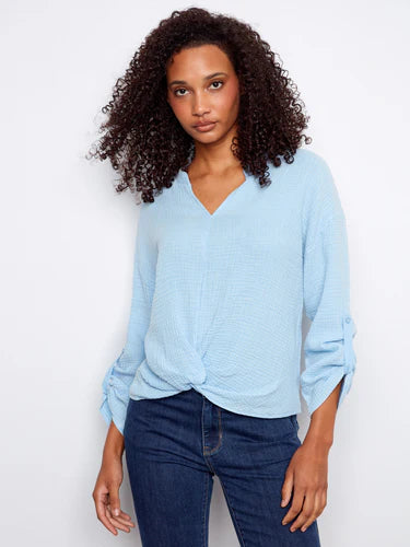 Bubble Cotton Blouse with Front Twist Bluebell