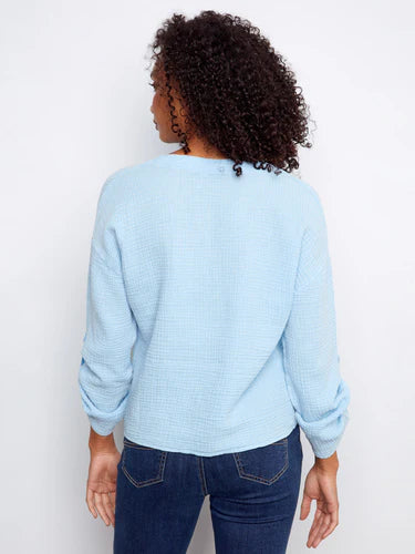 Bubble Cotton Blouse with Front Twist Bluebell