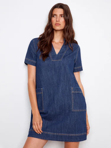 Collared V-Neck Denim Dress - Indigo