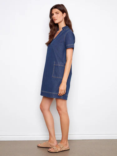 Collared V-Neck Denim Dress - Indigo