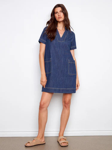 Collared V-Neck Denim Dress - Indigo