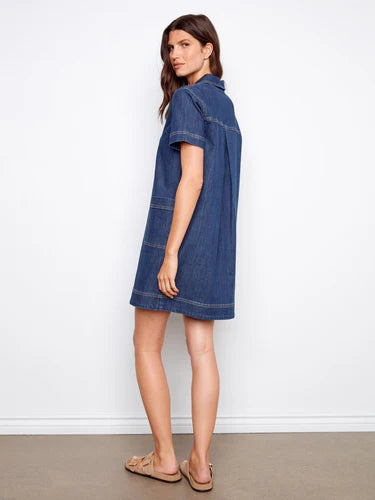 Collared V-Neck Denim Dress - Indigo