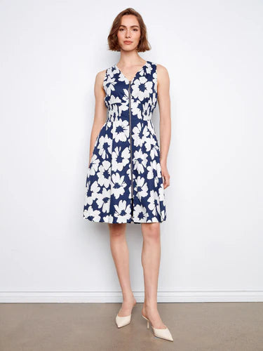 Cotton Voile Printed Front Zip Knee Length Dress