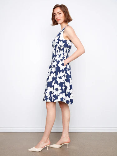 Cotton Voile Printed Front Zip Knee Length Dress