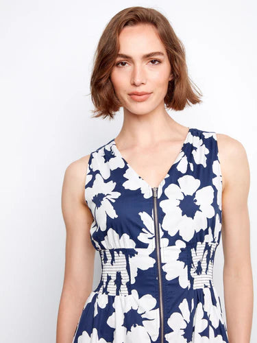 Cotton Voile Printed Front Zip Knee Length Dress