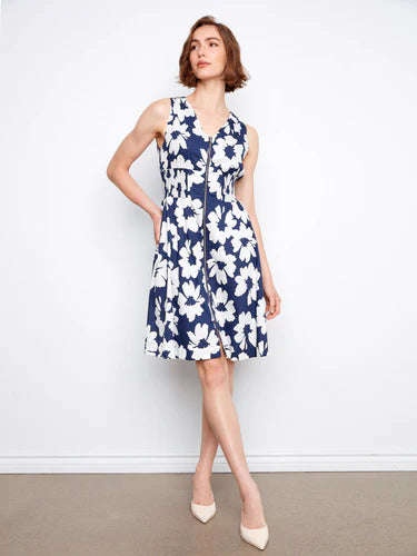 Cotton Voile Printed Front Zip Knee Length Dress