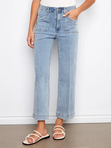 Cropped Wide Leg Stretch Jeans - Light Blue