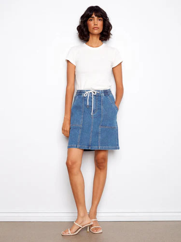 Drawsting Denim Skort with Patch Pockets