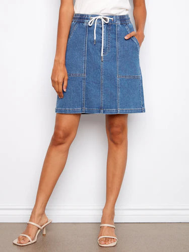 Drawsting Denim Skort with Patch Pockets