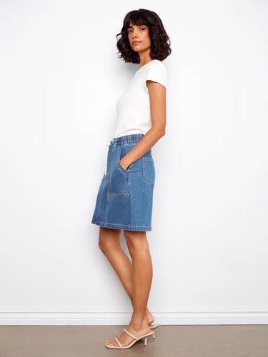 Drawsting Denim Skort with Patch Pockets