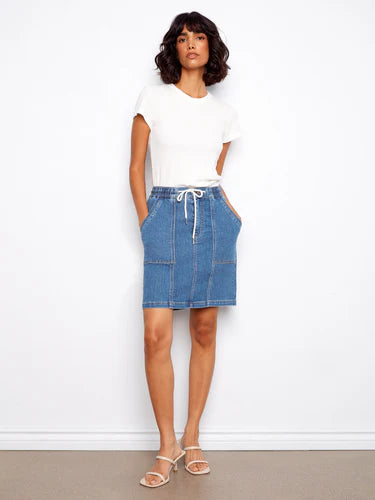 Drawsting Denim Skort with Patch Pockets