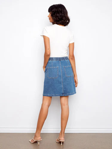 Drawsting Denim Skort with Patch Pockets