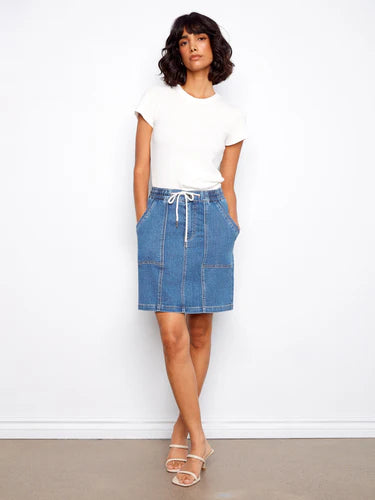 Drawsting Denim Skort with Patch Pockets