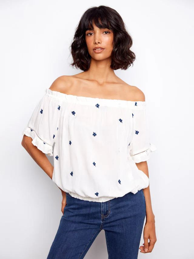 Embroidered Short Sleeve Off-Shoulder Blouse - White