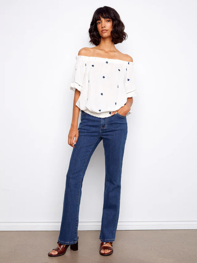 Embroidered Short Sleeve Off-Shoulder Blouse - White