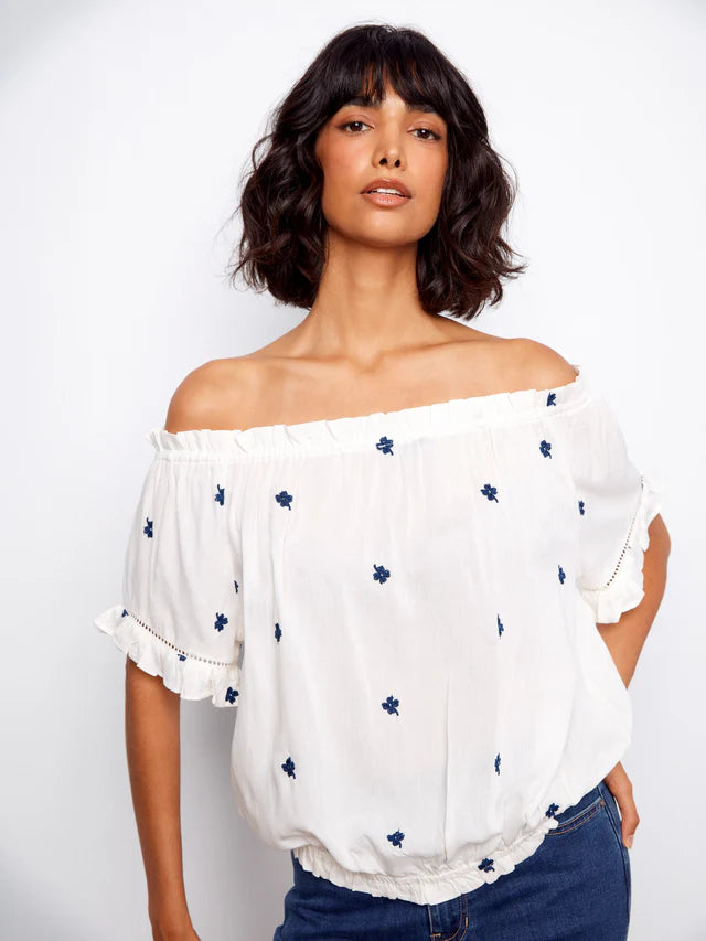 Embroidered Short Sleeve Off-Shoulder Blouse - White