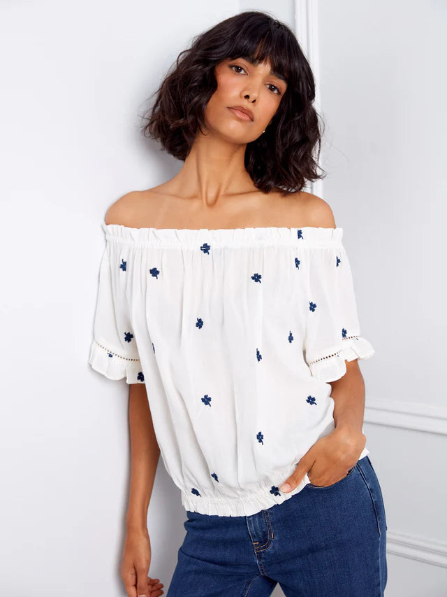 Embroidered Short Sleeve Off-Shoulder Blouse - White