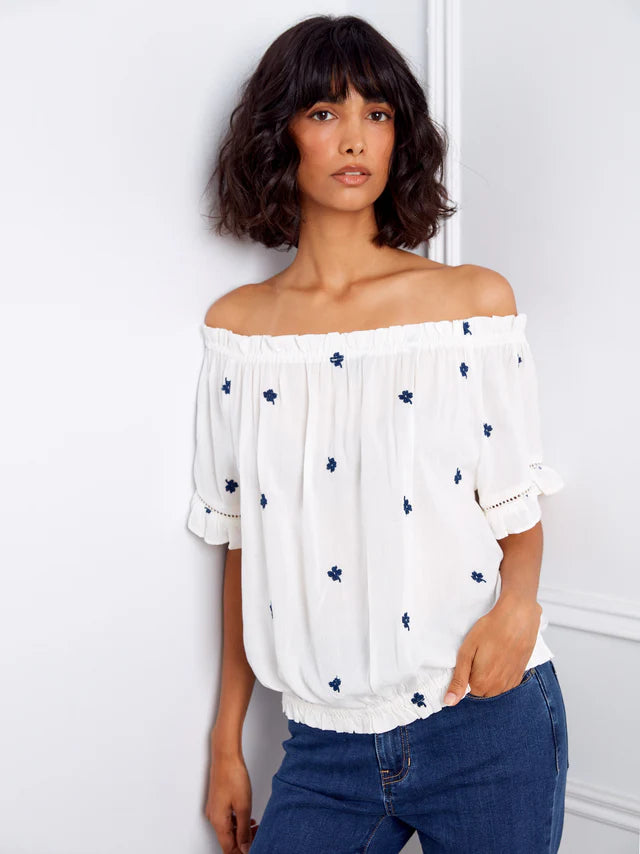 Embroidered Short Sleeve Off-Shoulder Blouse - White