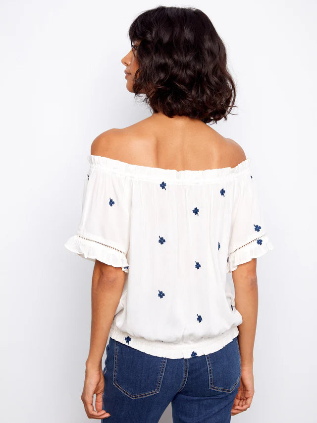 Embroidered Short Sleeve Off-Shoulder Blouse - White