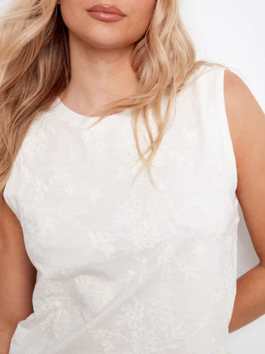 Floral Embroidered Sleeveless Cotton Top - White
