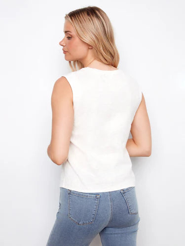 Floral Embroidered Sleeveless Cotton Top - White