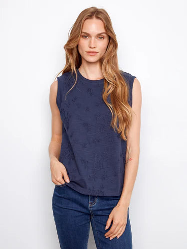Floral Embroidered Sleeveless Cotton Top - Navy