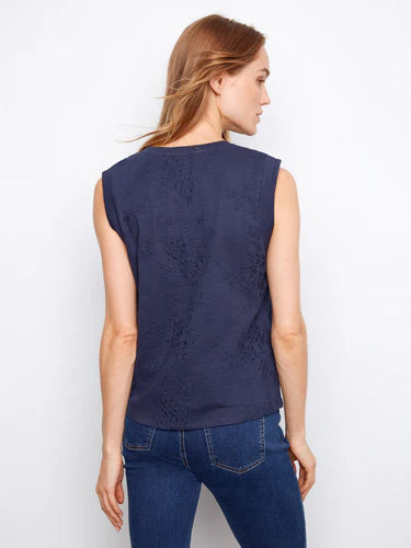Floral Embroidered Sleeveless Cotton Top - Navy