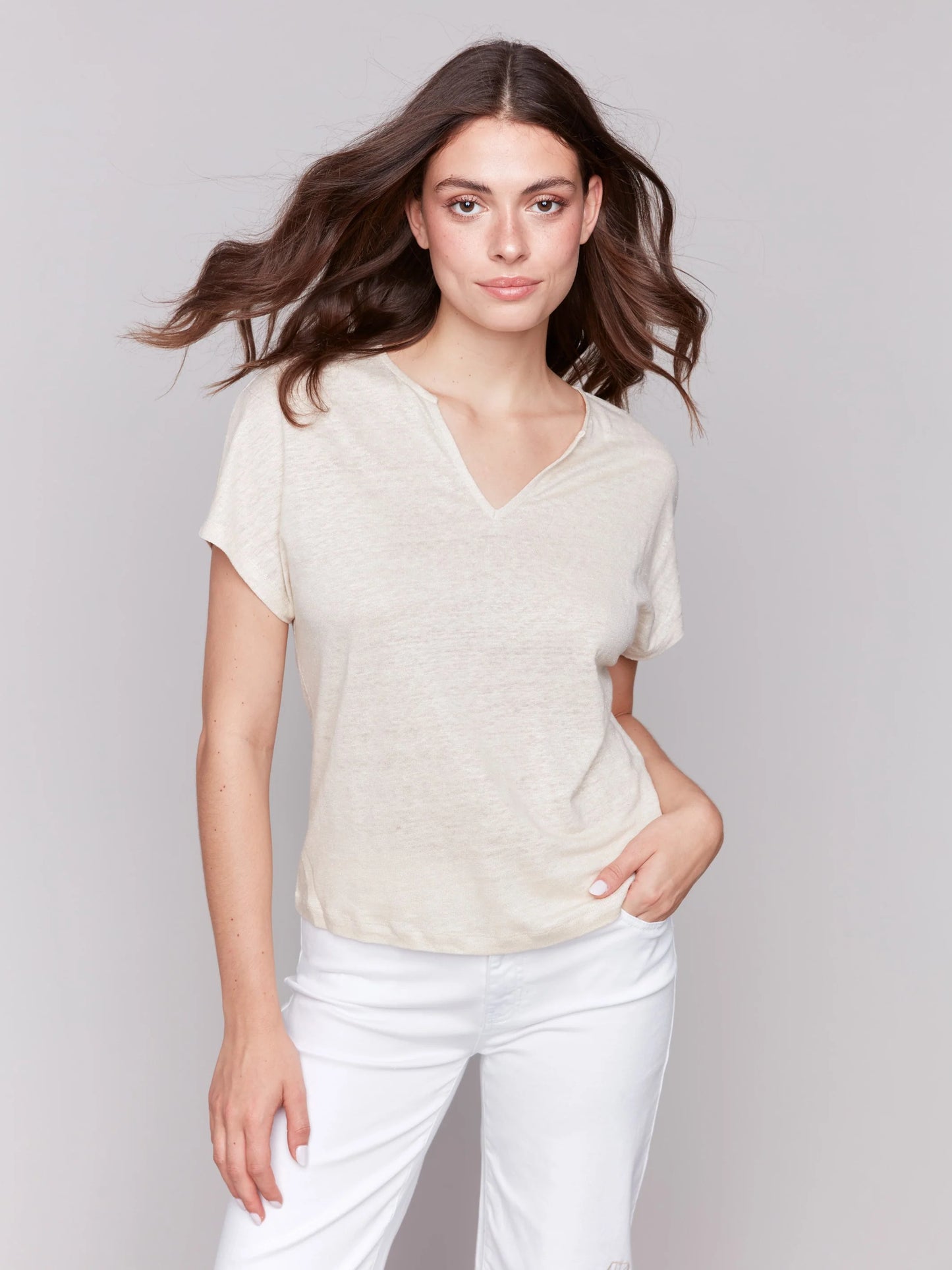 Foil Print Linen Blend Dolman Top 