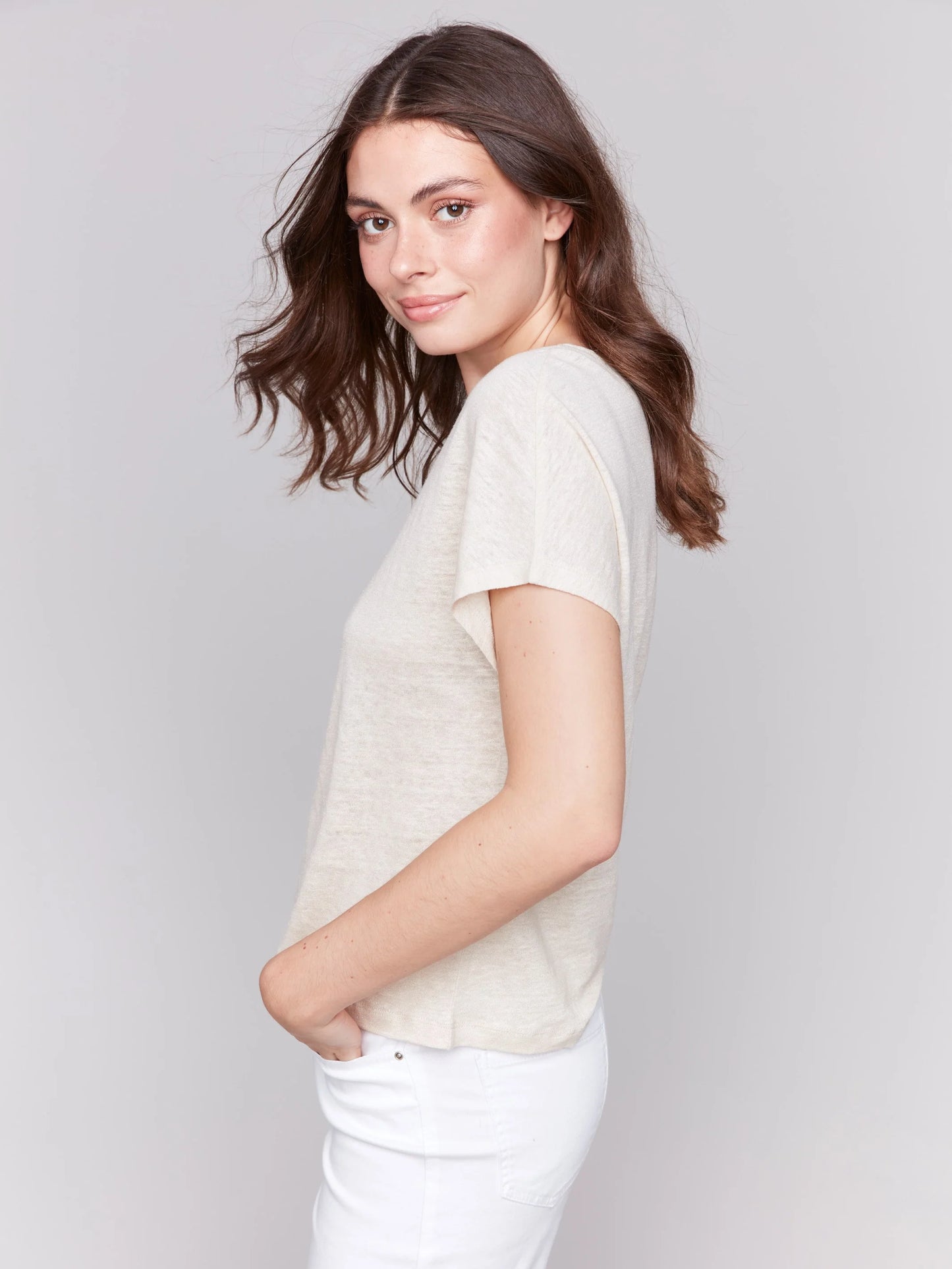 Foil Print Linen Blend Dolman Top 
