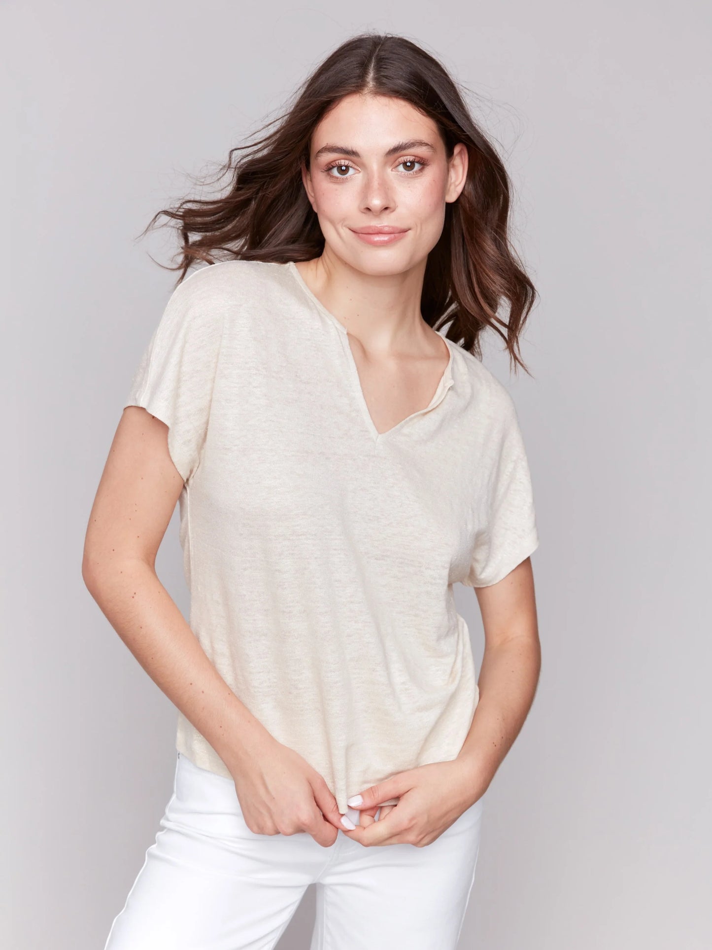 Foil Print Linen Blend Dolman Top 
