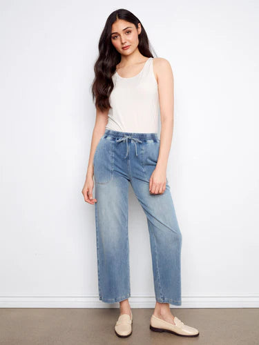 Knit Denim Wide Leg Jogger Pants