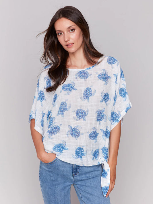Printed Cotton Gauze Blouse with Side Tie