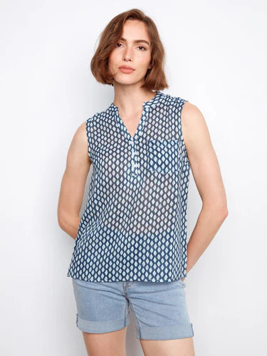 Printed Cotton Gauze Sleeveless Shirt-Mini