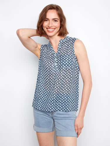 Printed Cotton Gauze Sleeveless Shirt-Mini