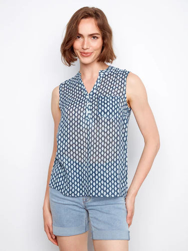Printed Cotton Gauze Sleeveless Shirt-Mini