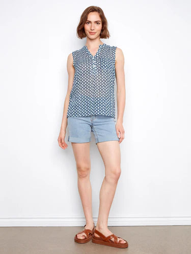 Printed Cotton Gauze Sleeveless Shirt-Mini