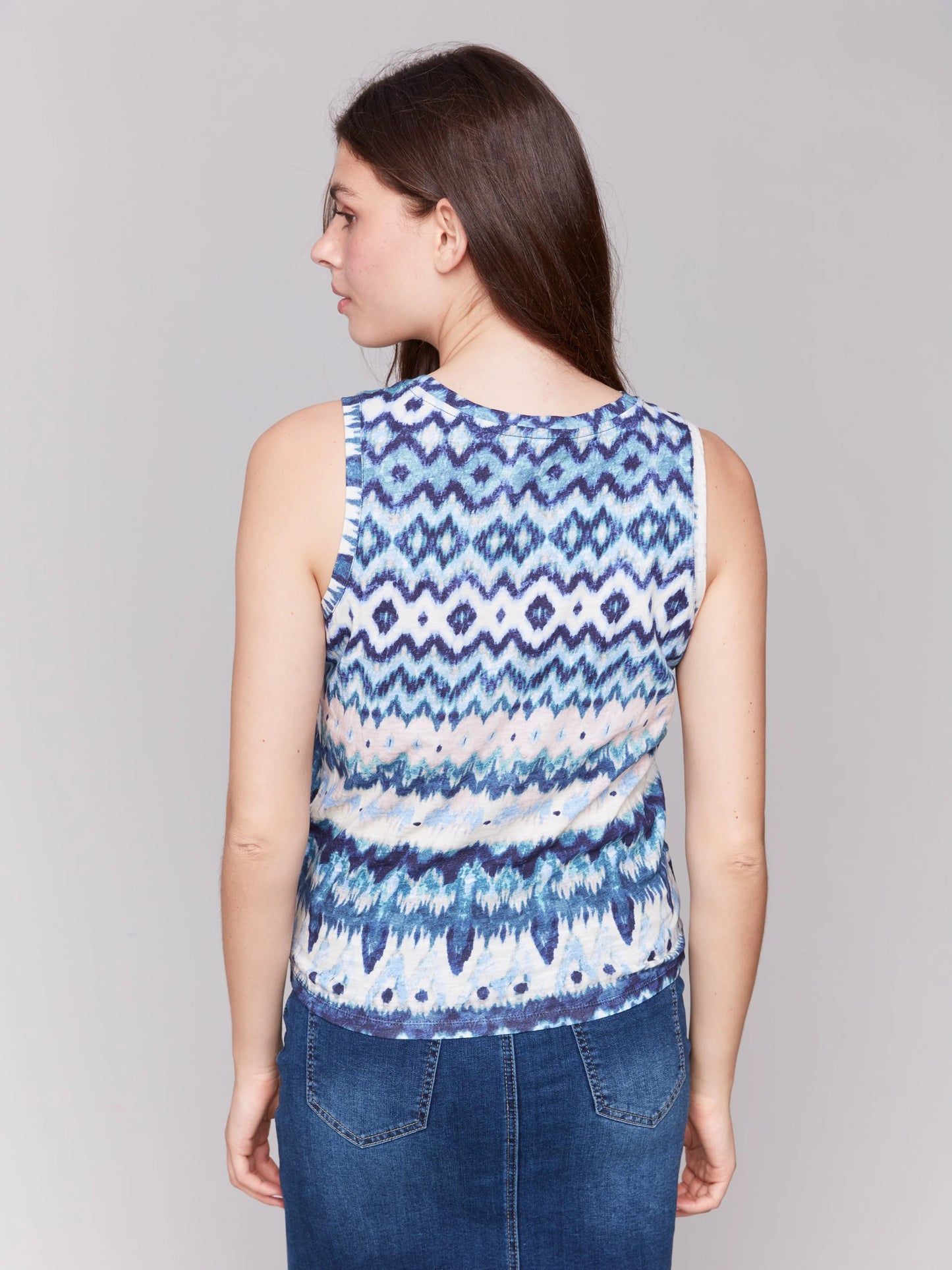 Printed Cotton Slub Tank Top with Knot Detail