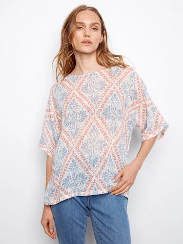 Printed Dolman Cotton Blouse - Trellis