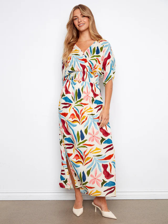 Printed Dolman Short Sleeve Maxi Fake Wrap Dress