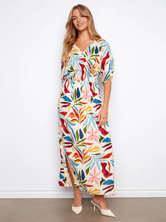 Printed Dolman Short Sleeve Maxi Fake Wrap Dress