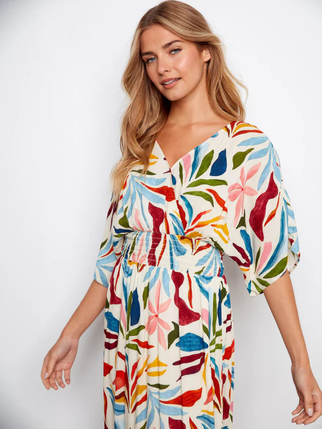 Printed Dolman Short Sleeve Maxi Fake Wrap Dress