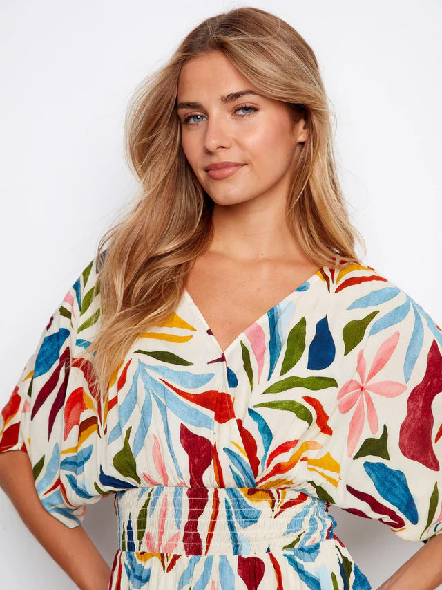 Printed Dolman Short Sleeve Maxi Fake Wrap Dress
