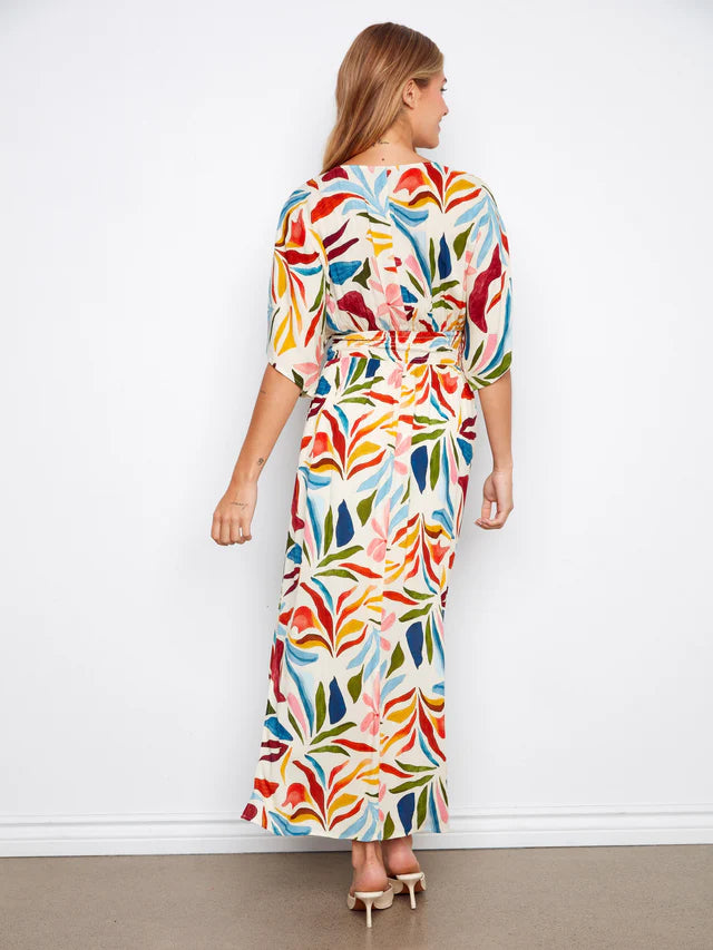 Printed Dolman Short Sleeve Maxi Fake Wrap Dress