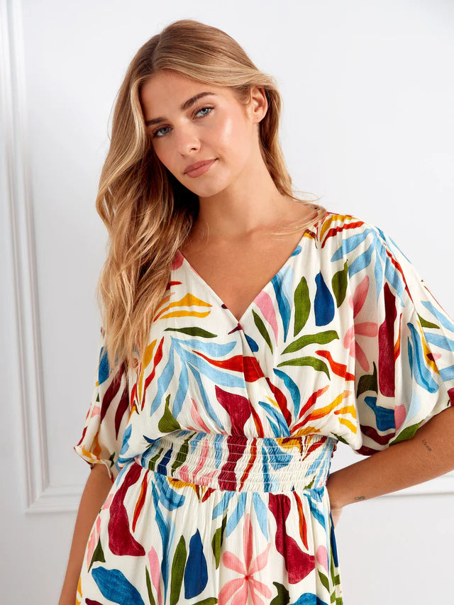 Printed Dolman Short Sleeve Maxi Fake Wrap Dress