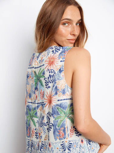 Border Print Sleeveless Blouse with Back Button Detail
