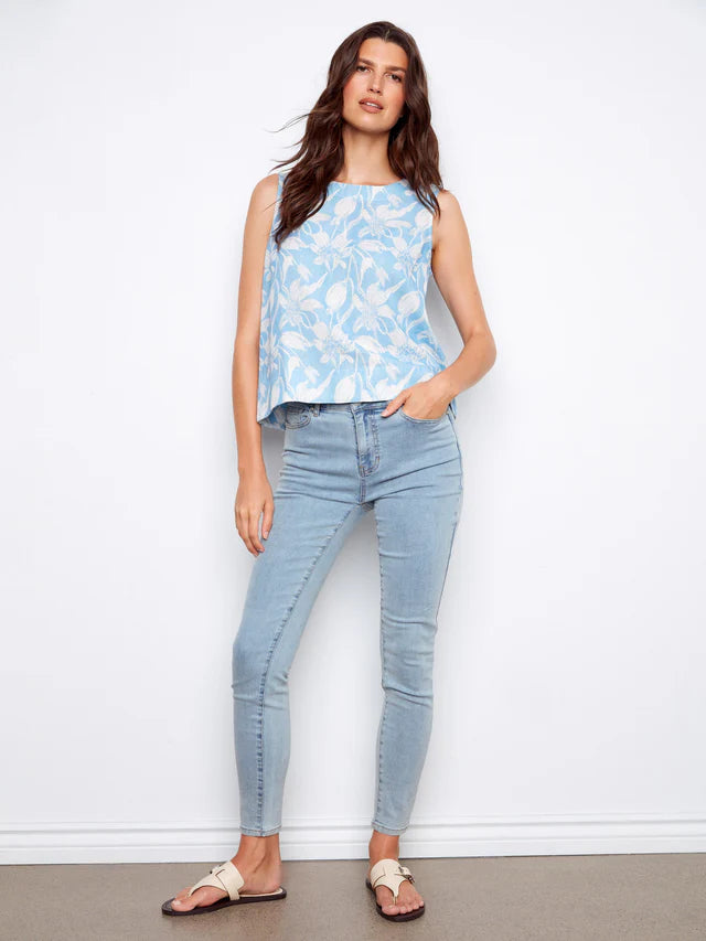Printed Linen Blend Blouse With Back Button Detail - Veranda