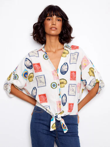 Printed Linen Blend Front-Tie Blouse - Postcard
