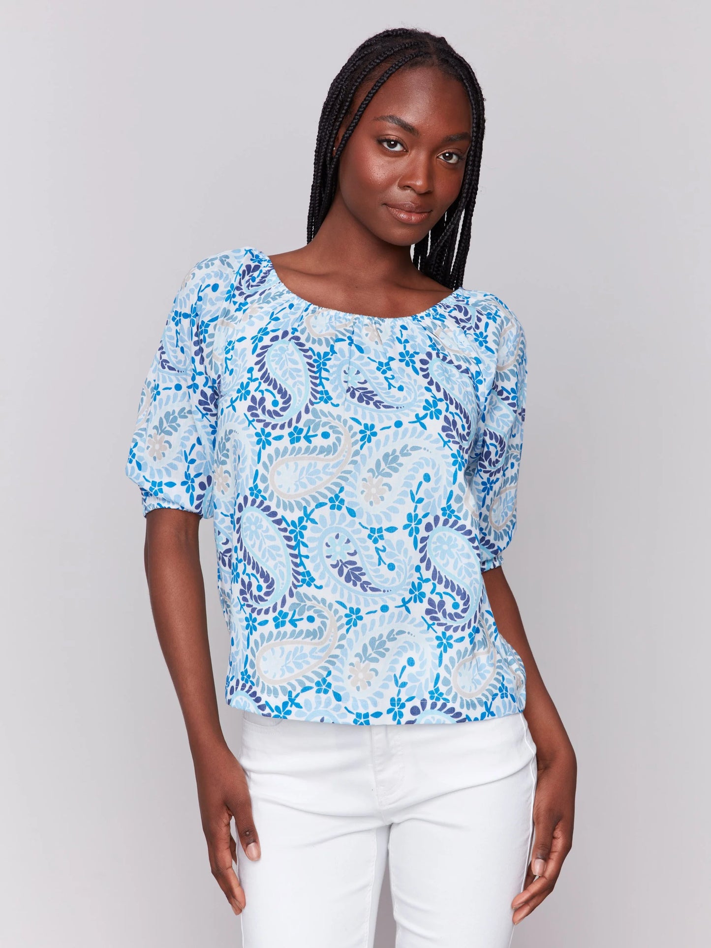 Printed Off Shoulder 3/4 Sleeve Lined Top